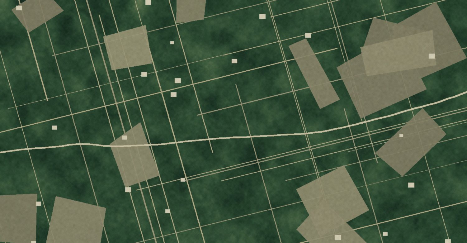 Boreal terrain crossed by straight seismic lines with rectangular cutblocks and small wellsite clearings